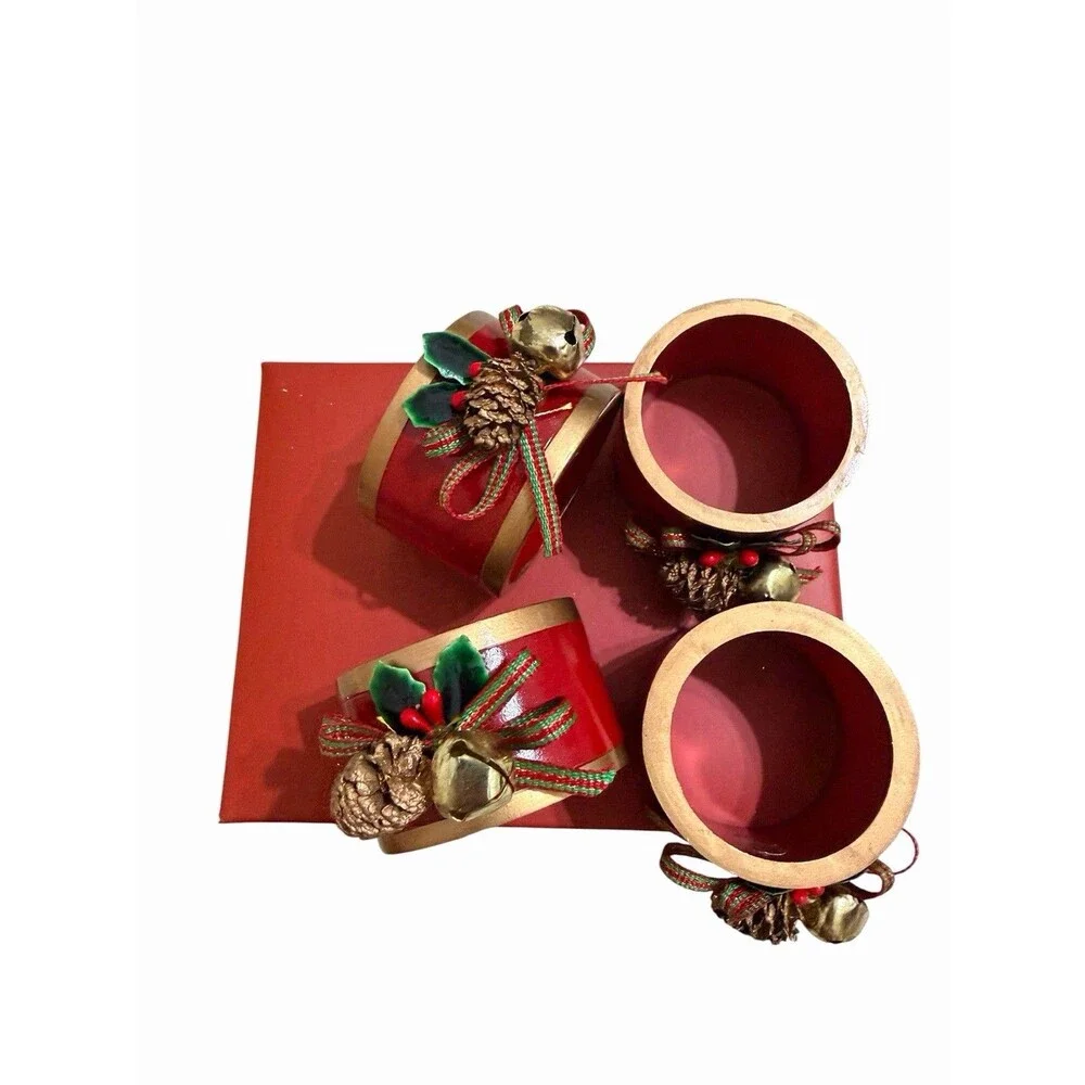 Vtg Lenox Christmas Napkin Rings Winter Greetings Set Of 4 Red & Gold Classic